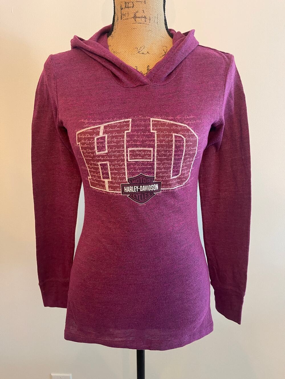 Harley Davidson Pro Team Lawton OK Purple Hooded Long Sleeve Shirt Size Small